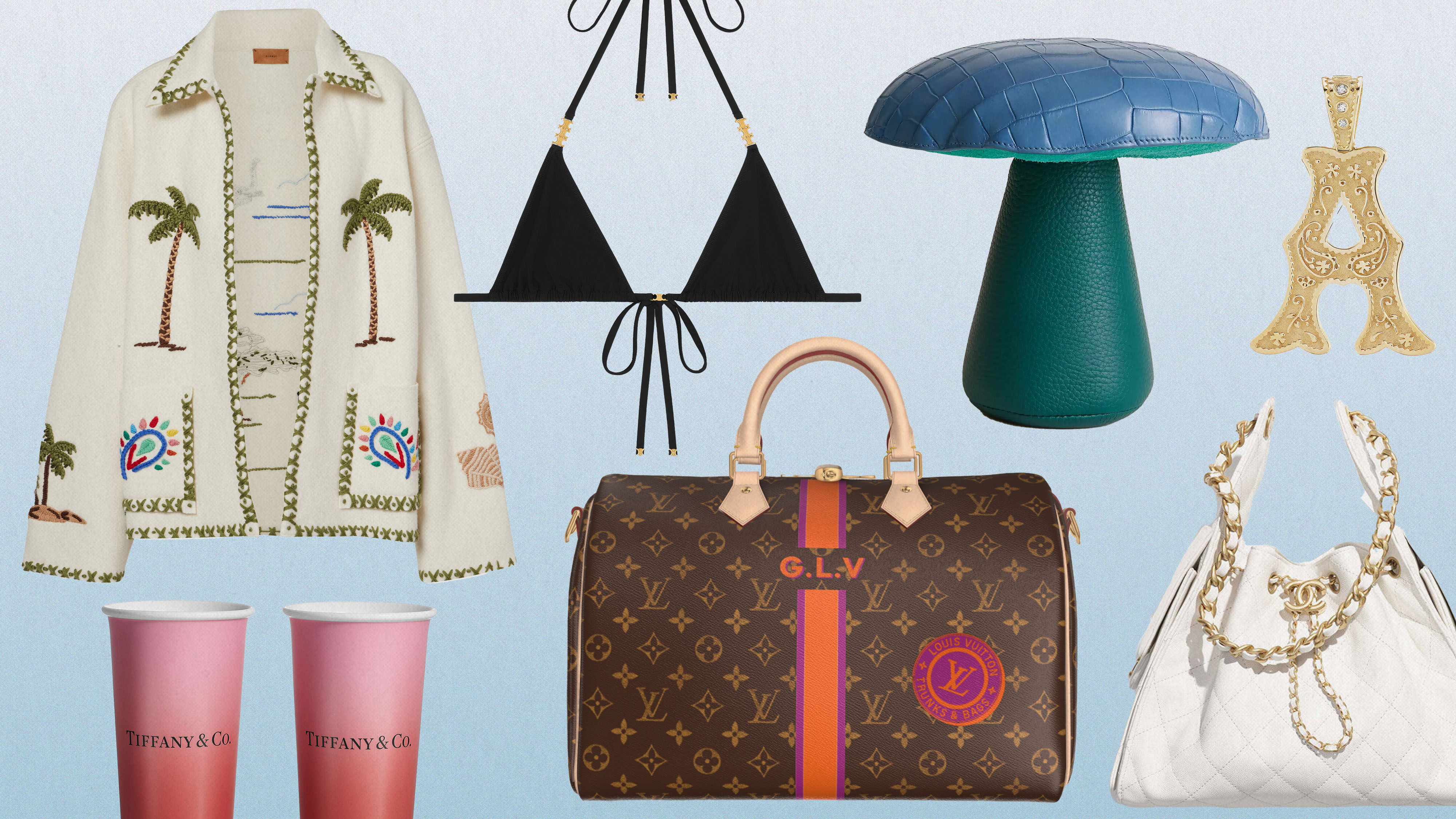 Mother's Day gift guide product collage including cups, bikini, jacket, duffel, and purse.