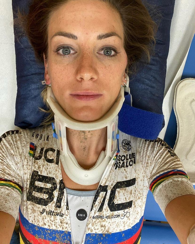 Ferrand-Prevot after her crash during the short track race in Nove Mesto