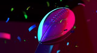 A graphic of a Super Bowl trophy with confetti falling on it.