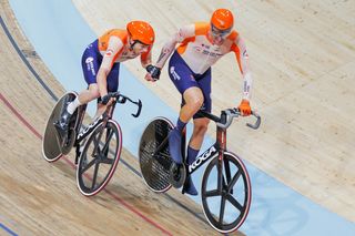 Picture by Will Palmer/SWpix.com - 08/08/2023 - Track & Para Track Cycling - 2023 UCI Cycling World Championships - Sir Chris Hoy Velodrome, Glasgow, Scotland - Men Elite Madison - Netherlands - Jan Willem van Schip and Yoeri Havik