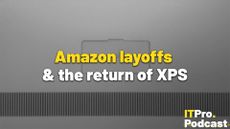 The text "Amazon layoffs & the return of XPS" against a macro shot of the bottom of an XPS laptop. The words "Amazon layoffs" are in yellow, the rest are in white. In the bottom-right corner, the ITPro Podcast logo is shown.