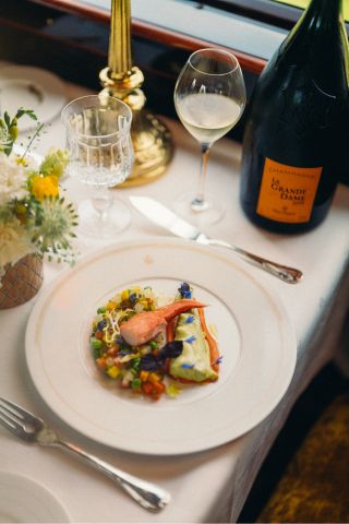 Lobster lunch with Veuve Clicquot champagne on board the Venice Simplon-Orient-Express