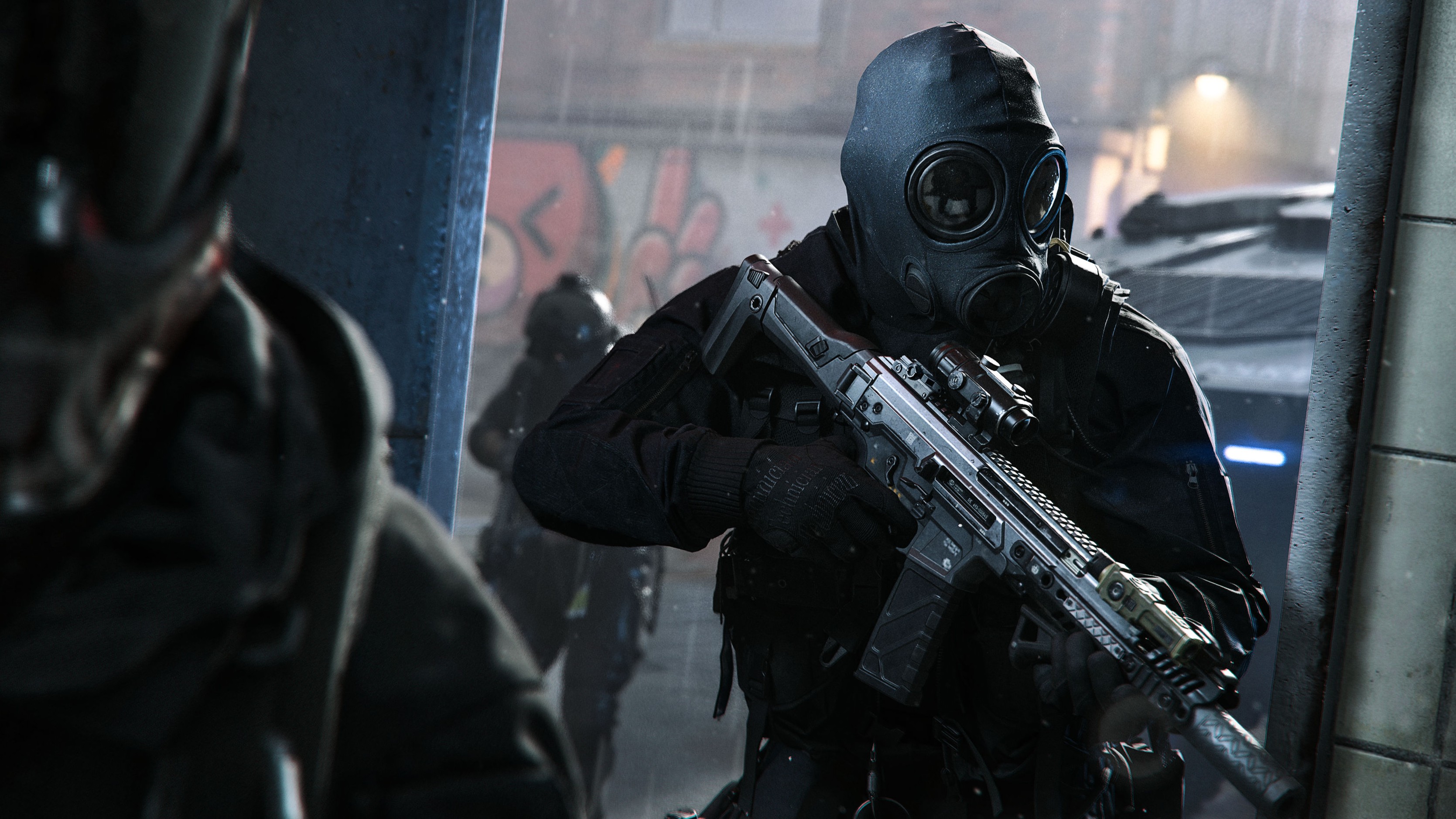 An official screenshot of Call of Duty: Modern Warfare 4 showing gas-masked soldiers.