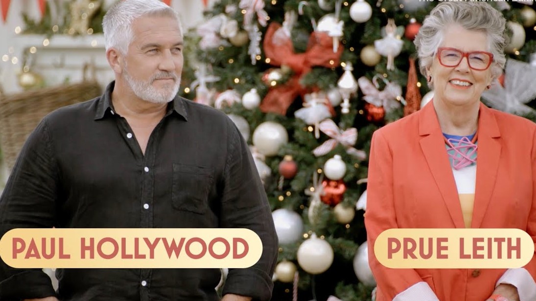 Paul Hollywood and Prue Leith smiling in The Great American Bankign Show: Celebrity Holiday