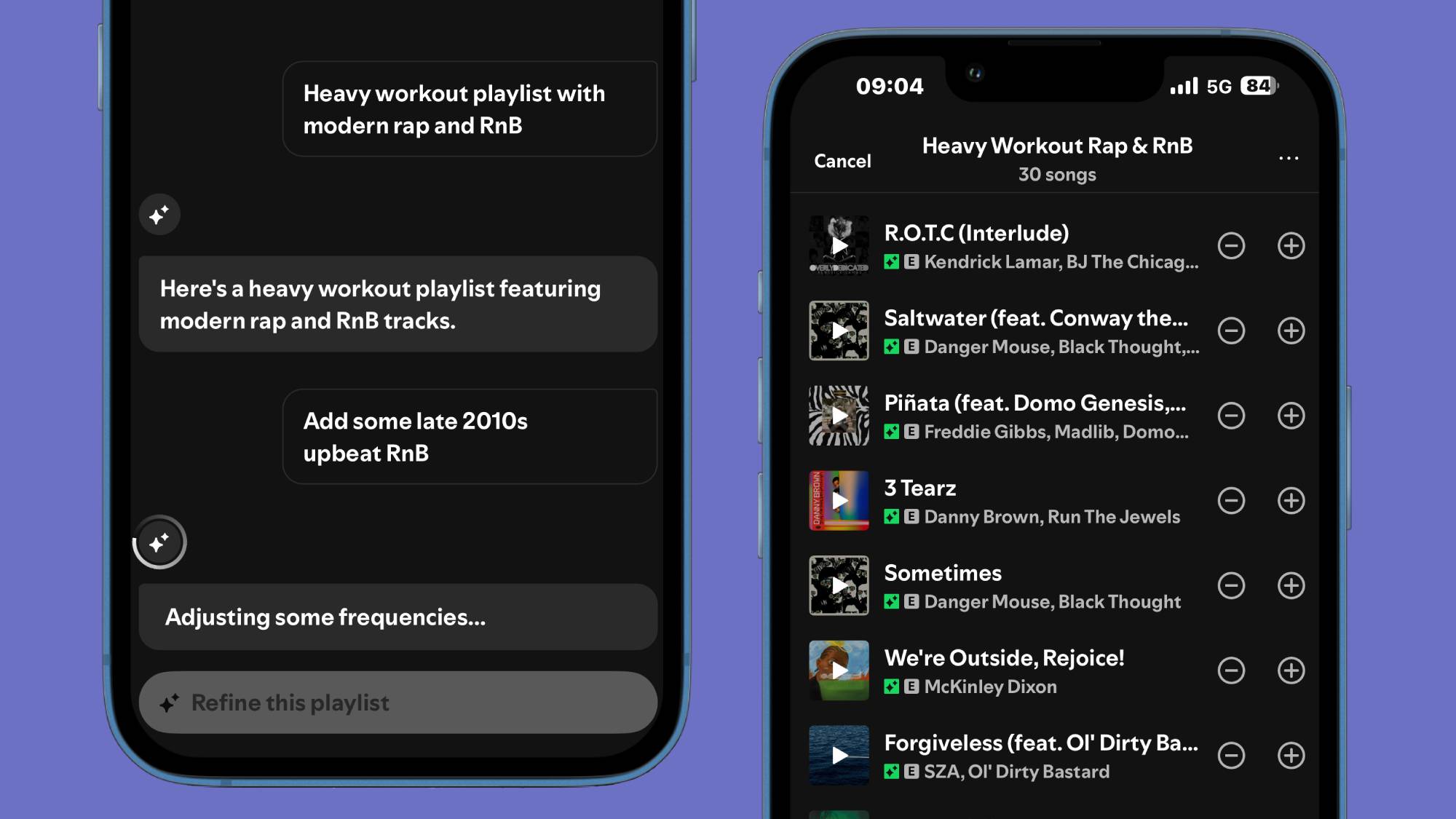 Screenshots of Spotify generating an AI workout playlist