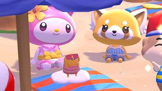 Hello Kitty Island Adventure My Melody, Gudetama, and Aggretusko sitting on a beach