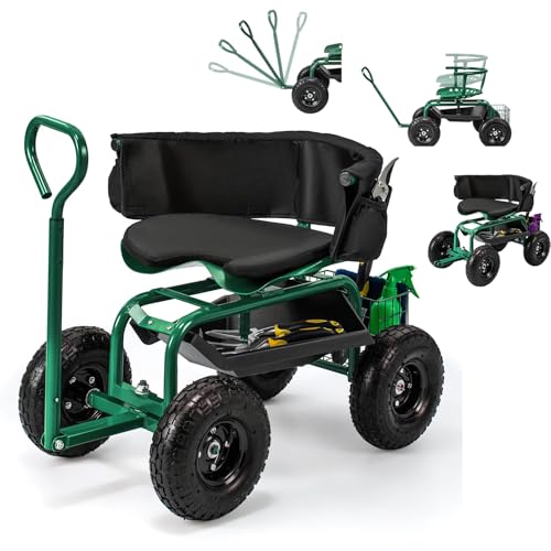Ergomaster Rolling Garden Seat With Wheels, Adjustable 360° Swivel Workseat and Storage Basket, Extendable Handle, Outdoor Gardening Wagon Scooter, Green