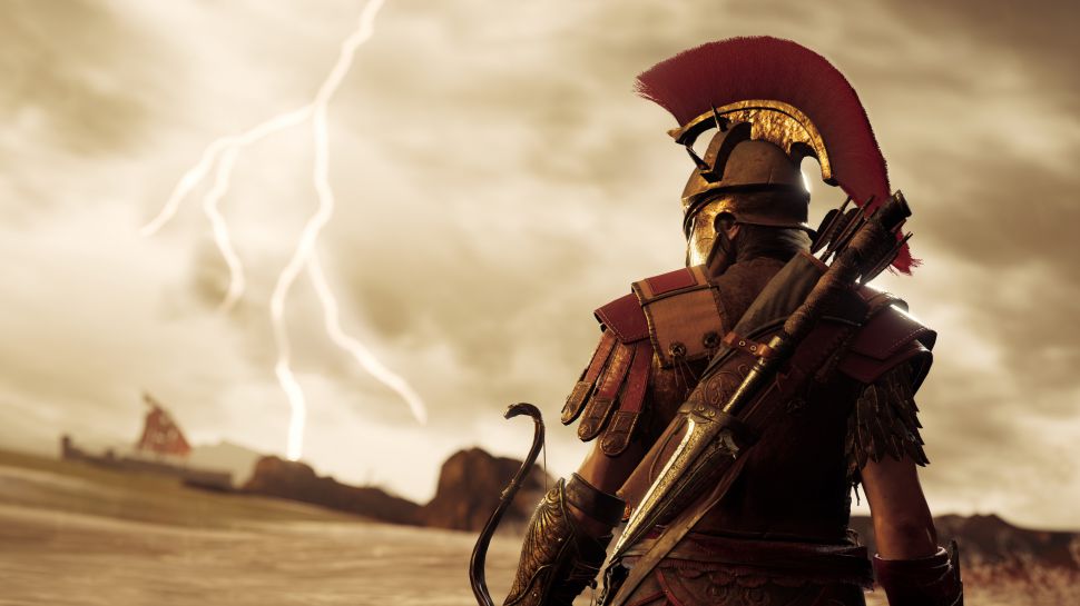 Assassin's Creed Odyssey protagonist looking at a storm