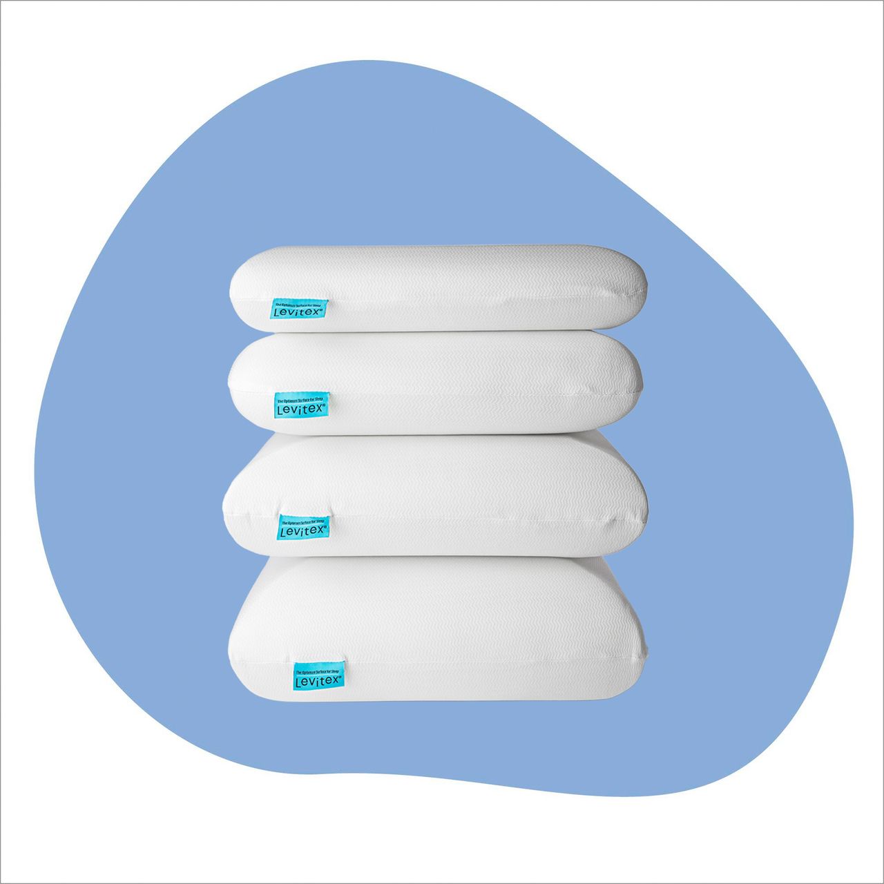 Four Levitex pillows stacked on a blue background