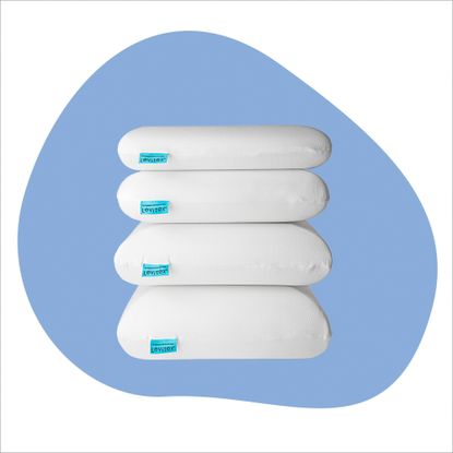 Four Levitex pillows stacked on a blue background