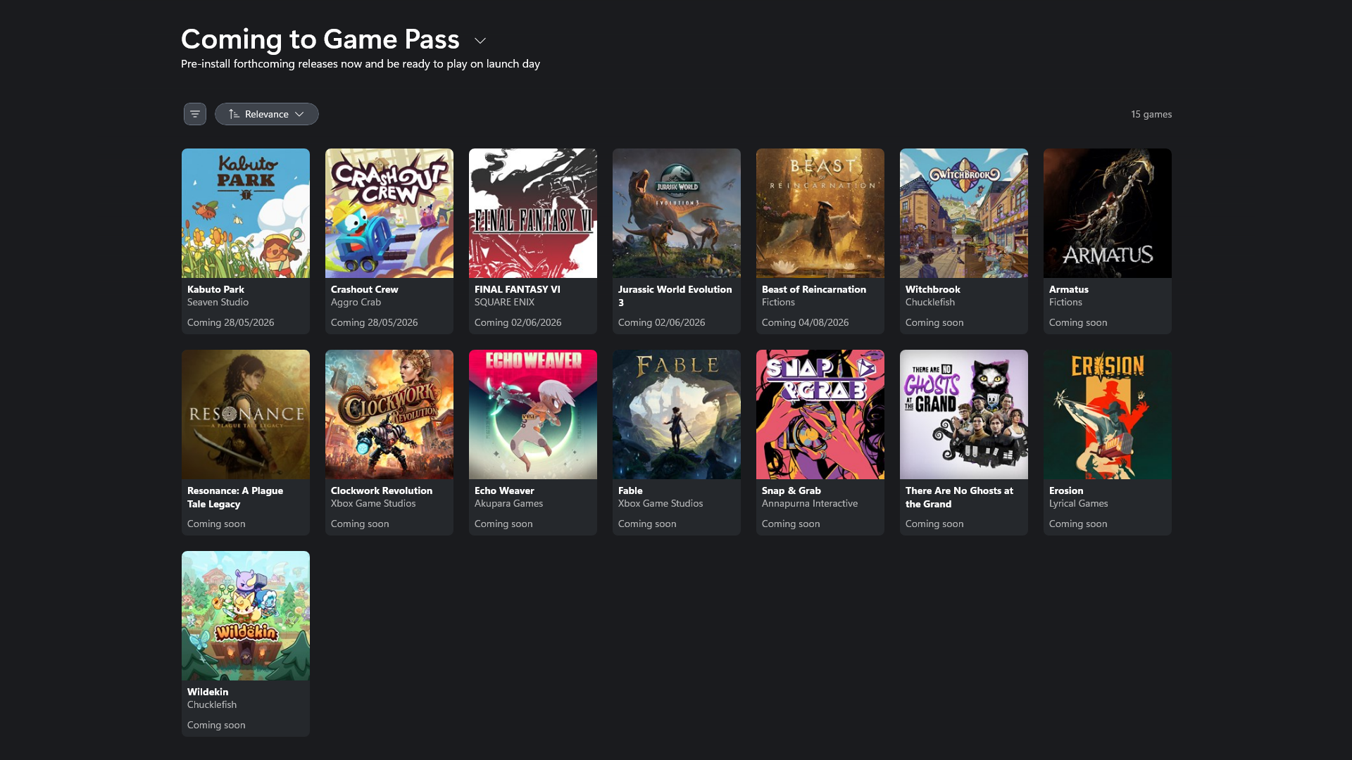 Grid showing 15 upcoming games on Game Pass, including "Final Fantasy VII" and "Jurassic World Evolution." Dark background, release dates and "Coming Soon" labels present.