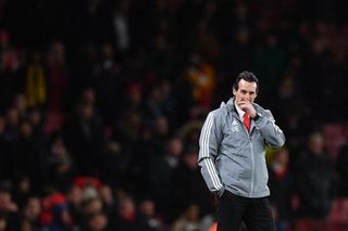 Arsenal's Spanish head coach Unai Emery reacts during their UEFA Europa league Group F football match between Arsenal and Eintracht Frankfurt at the Emirates stadium in London on November 28, 2019.