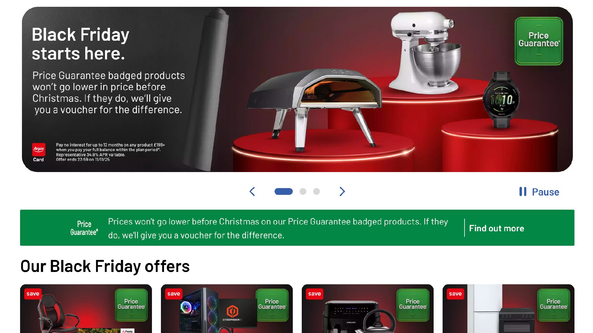A digital banner for an Argos Black Friday sale shows a pizza oven, a stand mixer, and a smartwatch on red circular display stands, with text offering a price guarantee.