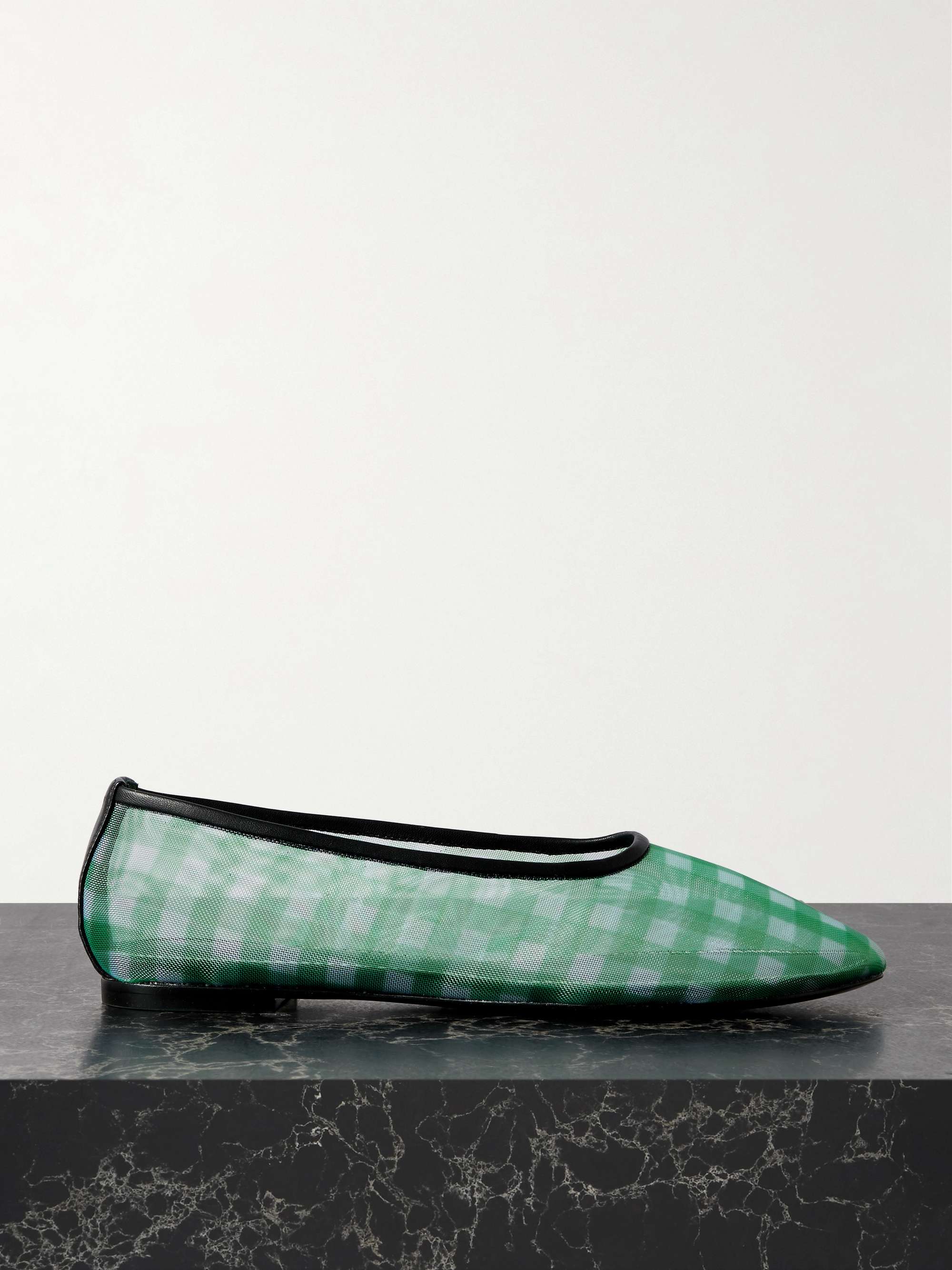 Alba Leather-Trimmed Gingham Mesh Ballet Flats