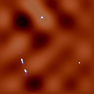 Fluctuations in dark matter detected by ALMA with light orange patches representing areas of dense dark matter and dark spots indicating low dark matter density clumps. The blue streaks are the gravitationally lensed quasar MG J0414+0534