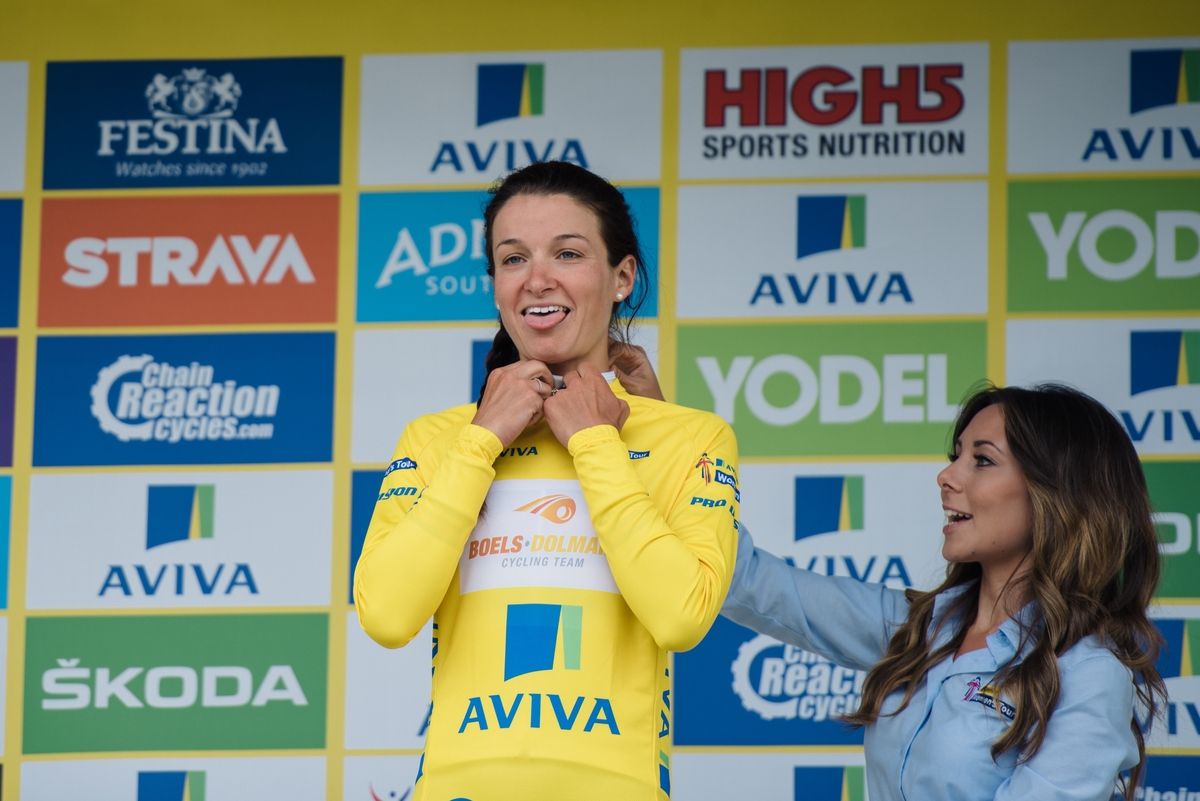 Lizzie Armitstead on the stage 4 podium at the Aviva Women's Tour
