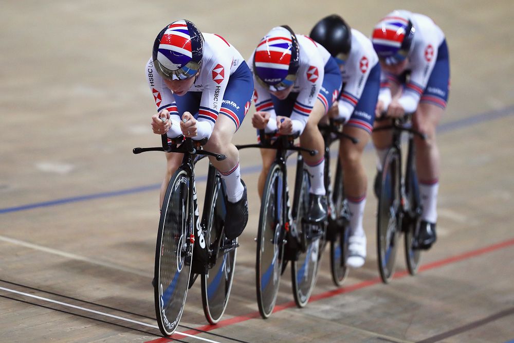 Laura Kenny, Katie Archibald, Elinor Barker and Ellie Dickinson of Team GB or Great Britain compete in the Women's team pursuit Quarter Finals on day two of the UCI Track Cycling World Championships