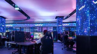 An immersive gaming center engulfed in blue and purple lights is brought to life with Daktronics LED displays.