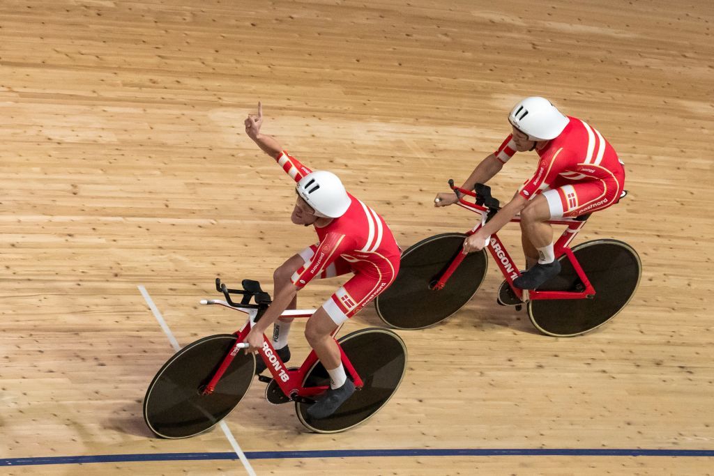 Members of Denmarks team celebrate after they set a new world record compete in the Mens Team Pursuit qualifying at the UCI track cycling World Championship in Berlin on February 26 2020 Photo by Odd ANDERSEN AFP Photo by ODD ANDERSENAFP via Getty Images
