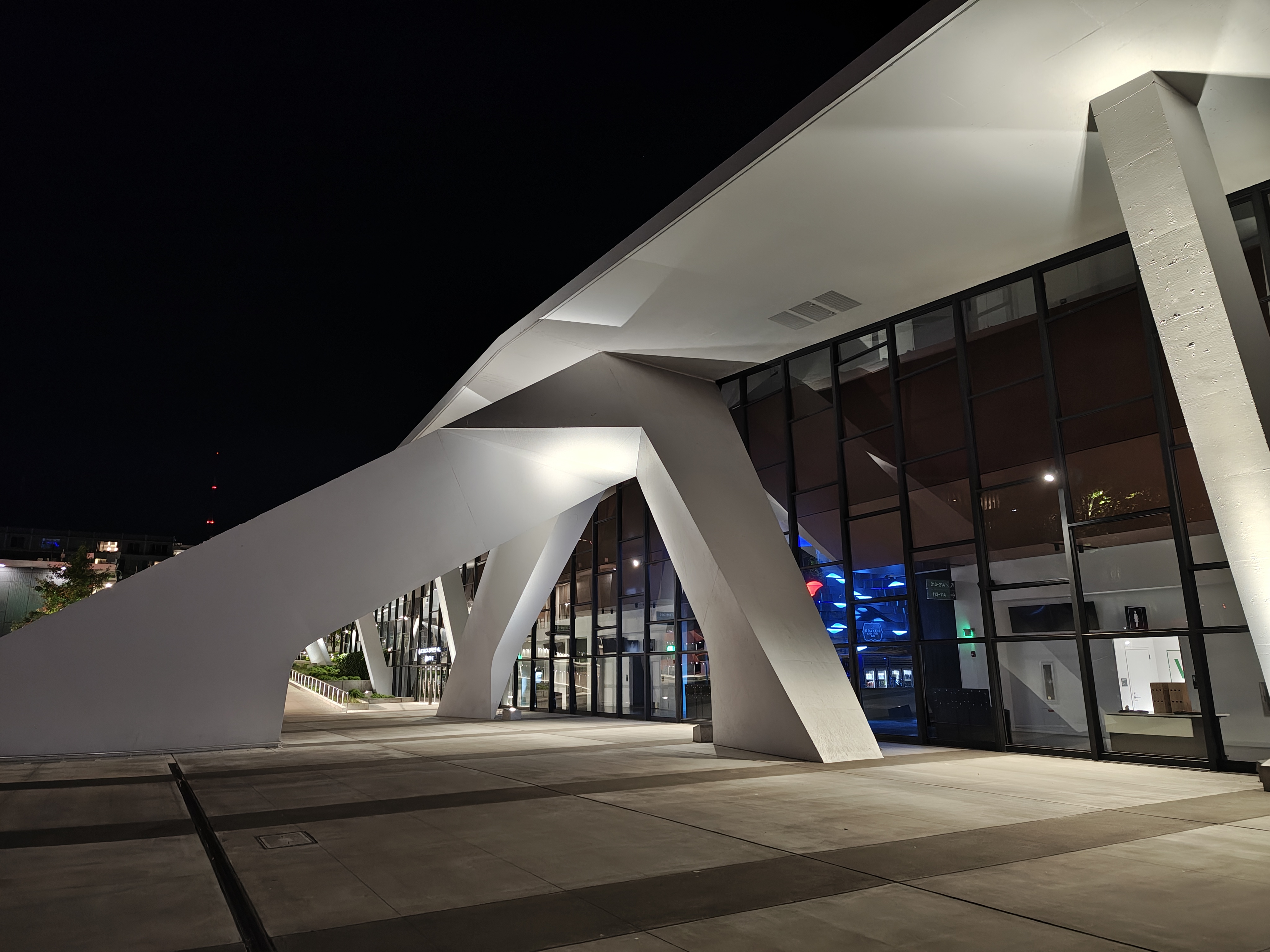 A white building lit up at night