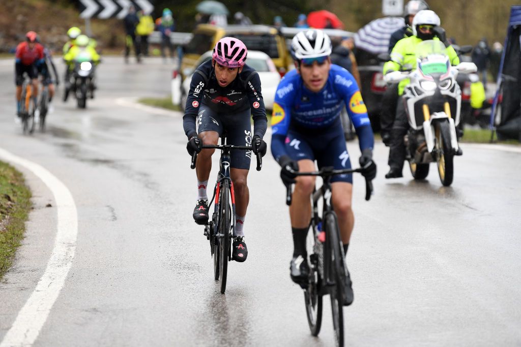 CORTINA DAMPEZZO ITALY MAY 24 Egan Arley Bernal Gomez of Colombia and Team INEOS Grenadiers Pink Leader Jersey attack on breakaway during the 104th Giro dItalia 2021 Stage 16 a 153km stage shortened due to bad weather conditions from Sacile to Cortina dAmpezzo 1210m girodiitalia Giro on May 24 2021 in Cortina dAmpezzo Italy Photo by Tim de WaeleGetty Images