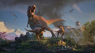 Jurassic World Evolution 3 key art showing a T-rex roaring with baby T-rexs standing in front