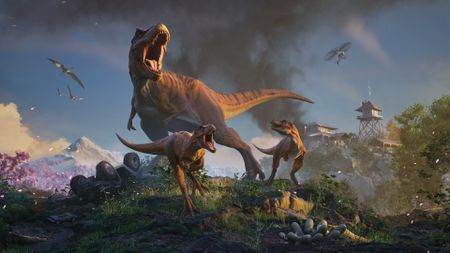 Jurassic World Evolution 3 key art showing a T-rex roaring with baby T-rexs standing in front