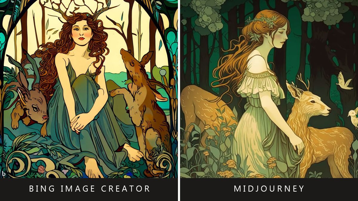 Bing Image Creator vs Midjourney prompt: Woman in forest with animals, art nouveau style