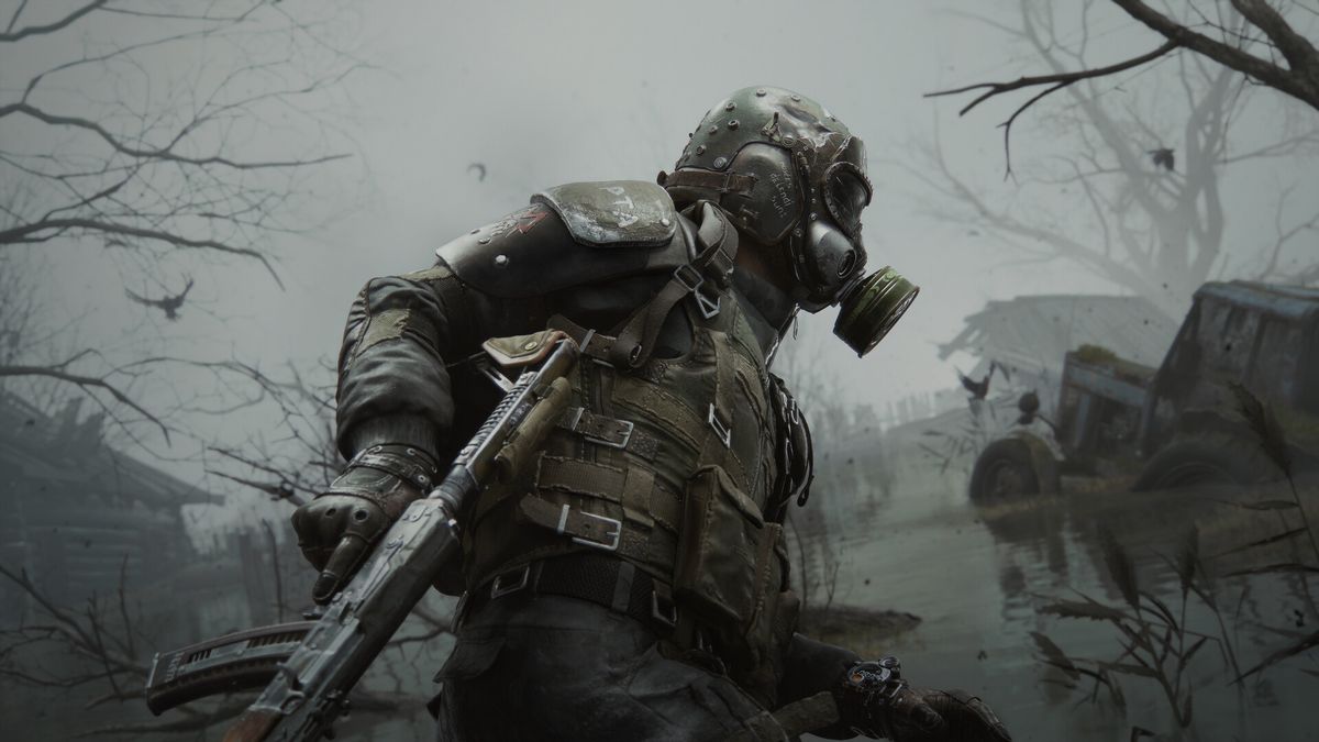 In Metro 2039, the protagonist known as the Stranger is clad in armored gear and a gas mask and holds a rifle