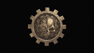 A cog with a skull on a black background
