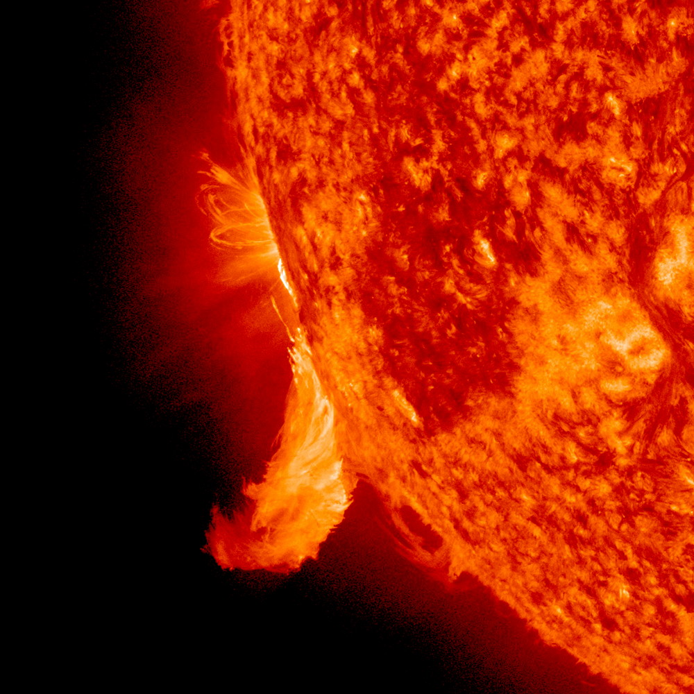 A close-up, profile view of an active region in extreme ultraviolet light showcased several small spurts of plasma as they flickered out and retreated back into the Sun over about 13 hours (June 16, 2011). This wavelength captures ionized Helium at about 