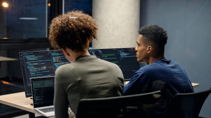 Male and female software developers sitting side by side coding on desktop computers, with computer code pictured on monitors.