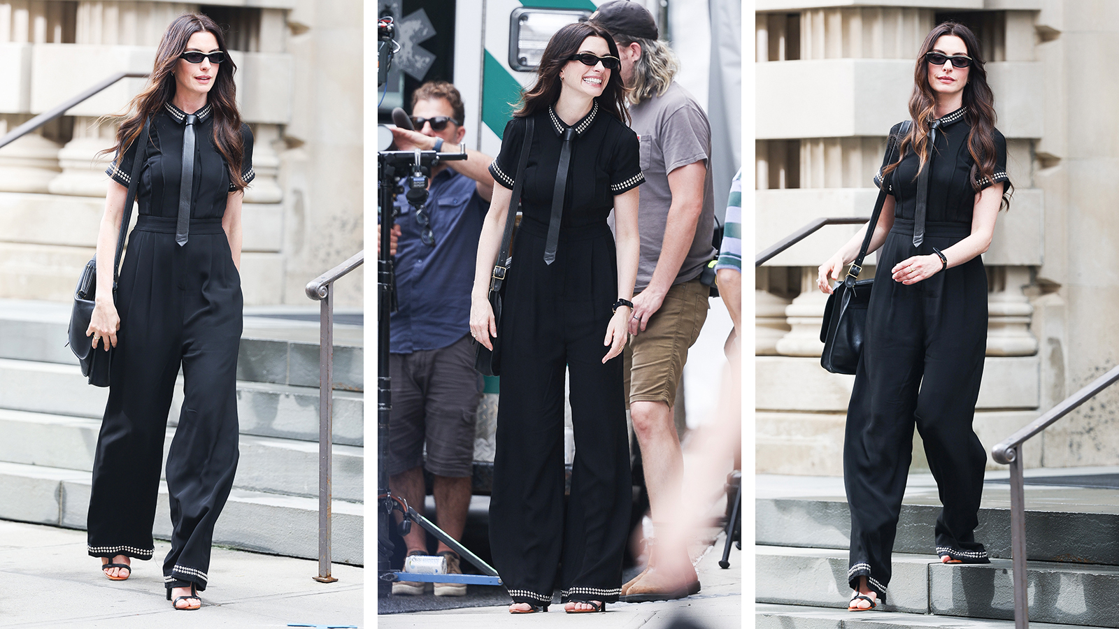 Anne Hathaway on set for The Devil Wears Prada 2 wearing a black jumpsuit with leather tie