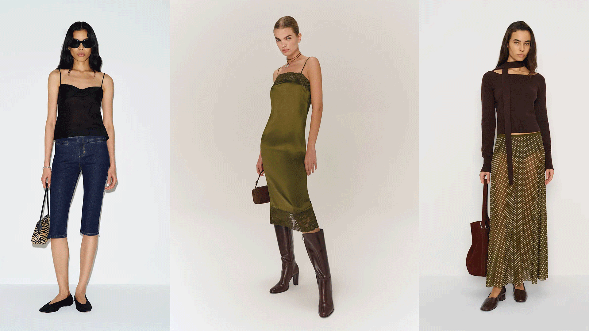 One Model is wearing a green silky lace-trimmed dress with boots. Another is wearing black flats, black top, and capri jeans, and the last is wearing a brown shirt and a sheer skirt.