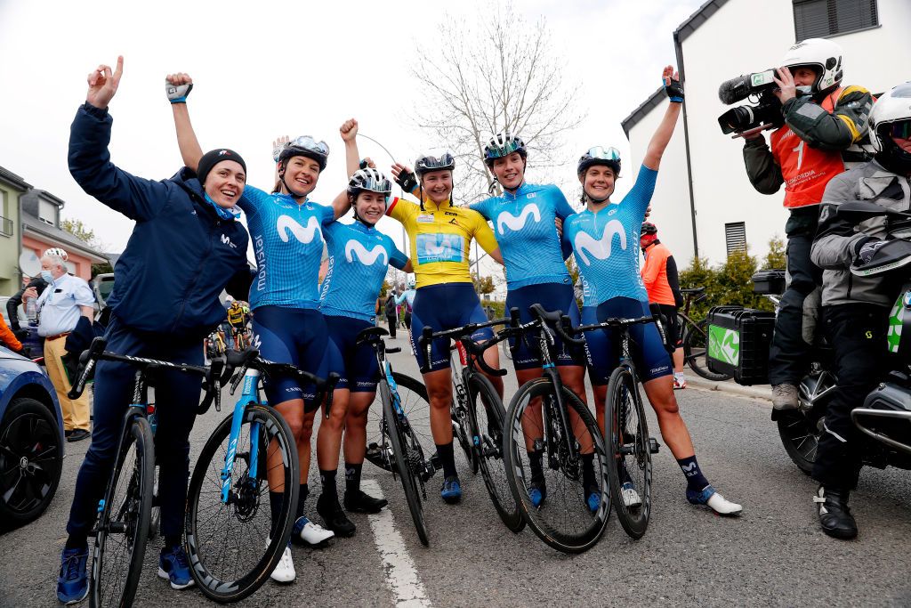 GARNICH LUXEMBOURG MAY 02 Aude Biannic of France Barbara Guarischi of Italy Emma Norsgaard Jorgensen of Denmark Yellow Leader Jersey Alba Teruel Ribes of Spain Lourdes Oyarbide Jimenez of Spain Leah Thomas of United States and Movistar Team celebrates at arrival during the 13th Ceratizit Festival Elsy Jacobs 2021 Stage 2 a 1053km stage from Garnich to Garnich felsy UCIProSeries on May 02 2021 in Garnich Luxembourg Photo by Bas CzerwinskiGetty Images