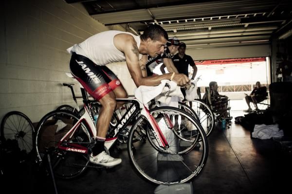 Luis Amaran (Jamis-Sutter Home) warming up on the trainer.