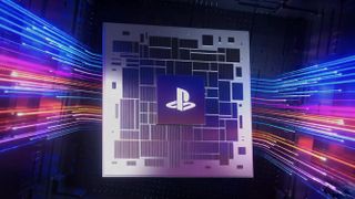 A screenshot from Sony&#039;s PlayStation 5 Pro announcement video, showing a stylized processor against a dark background with glowing lines streaming from its edges