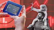Daughter on top of father's shoulders alongside picture of energy smart meter