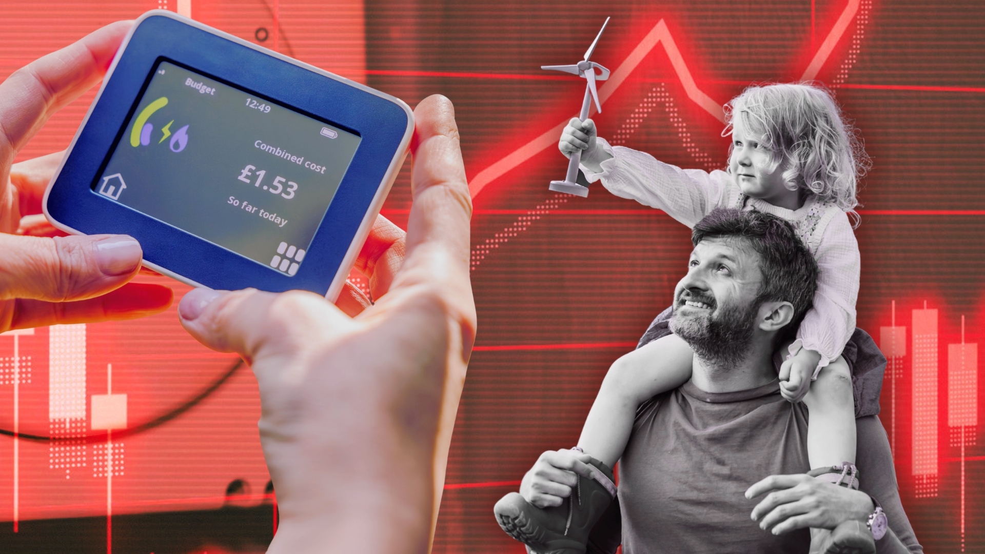 Daughter on top of father's shoulders alongside picture of energy smart meter
