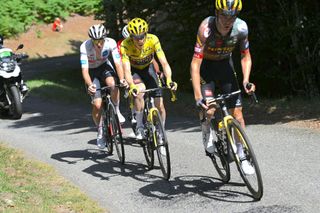 FOIX, FRANCE - JULY 19: Nairo Alexander Quintana Rojas of Colombia and Team ArkÃ©a - Samsic, Tadej Pogacar of Slovenia and UAE Team Emirates - White Best Young Rider Jersey, Jonas Vingegaard Rasmussen of Denmark and Team Jumbo - Visma - Yellow Leader Jersey and Sepp Kuss of United States and Team Jumbo - Visma compete in the chase group during the 109th Tour de France 2022, Stage 16 a 178,5km stage from Carcassonne to Foix / #TDF2022 / #WorldTour / on July 19, 2022 in Foix, France. (Photo by Dario Belingheri/Getty Images)