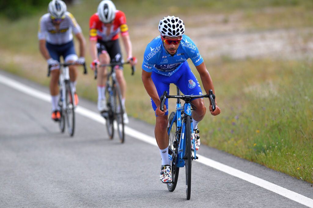 ALTO DO MALHO LOUL PORTUGAL MAY 09 Joo Rodrigues of Portugal and Team W52Fc Porto blue mountain jersey on breakaway during the 47th Volta Ao Algarve 2021 Stage 5 a 1701km stage from Albufeira to Alto do Malho 510m Loul VoltAlgarve VAlgarve2021 on May 09 2021 in Alto do Malho Loul Portugal Photo by Luc ClaessenGetty Images