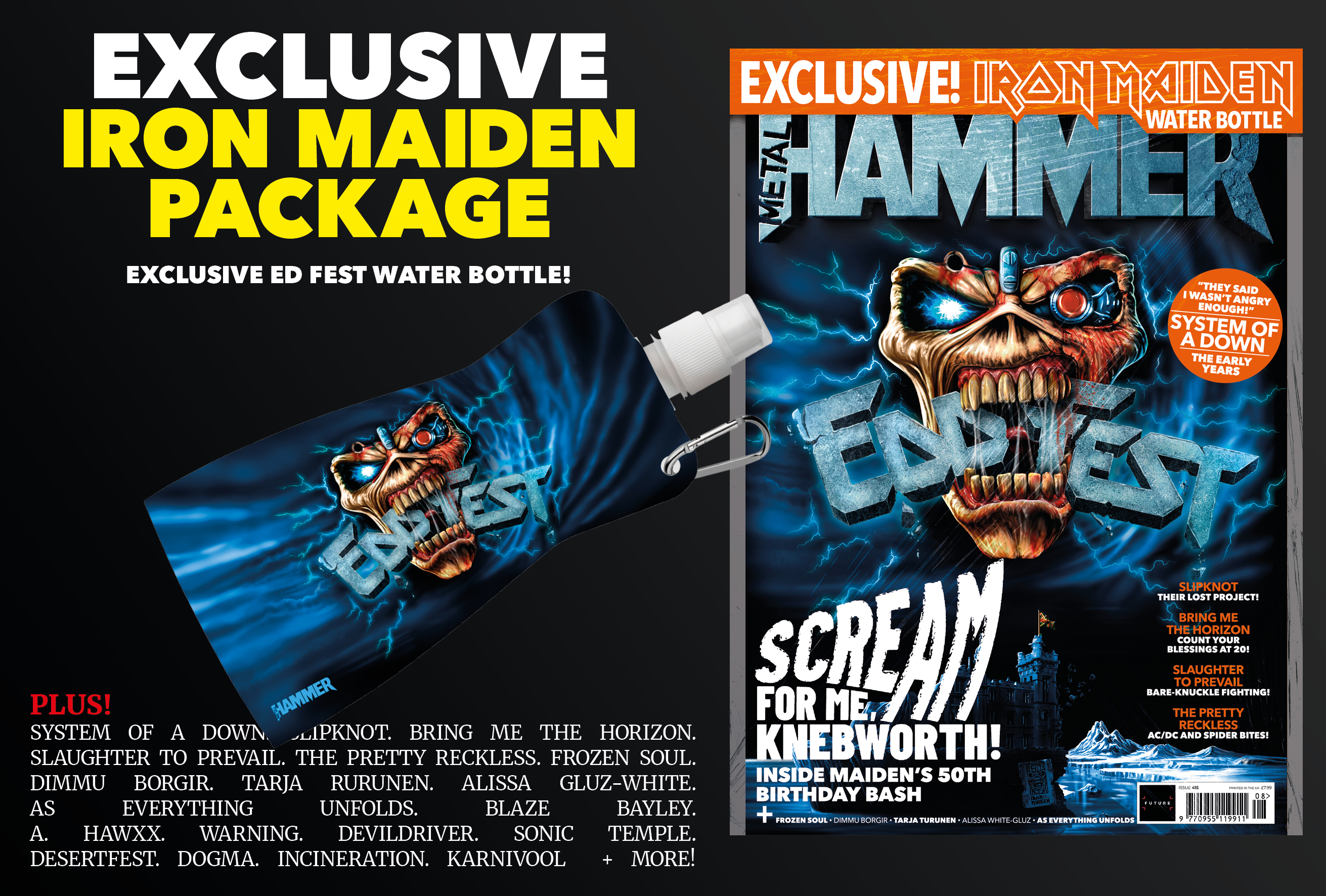 Iron Maiden magazine and water bottle