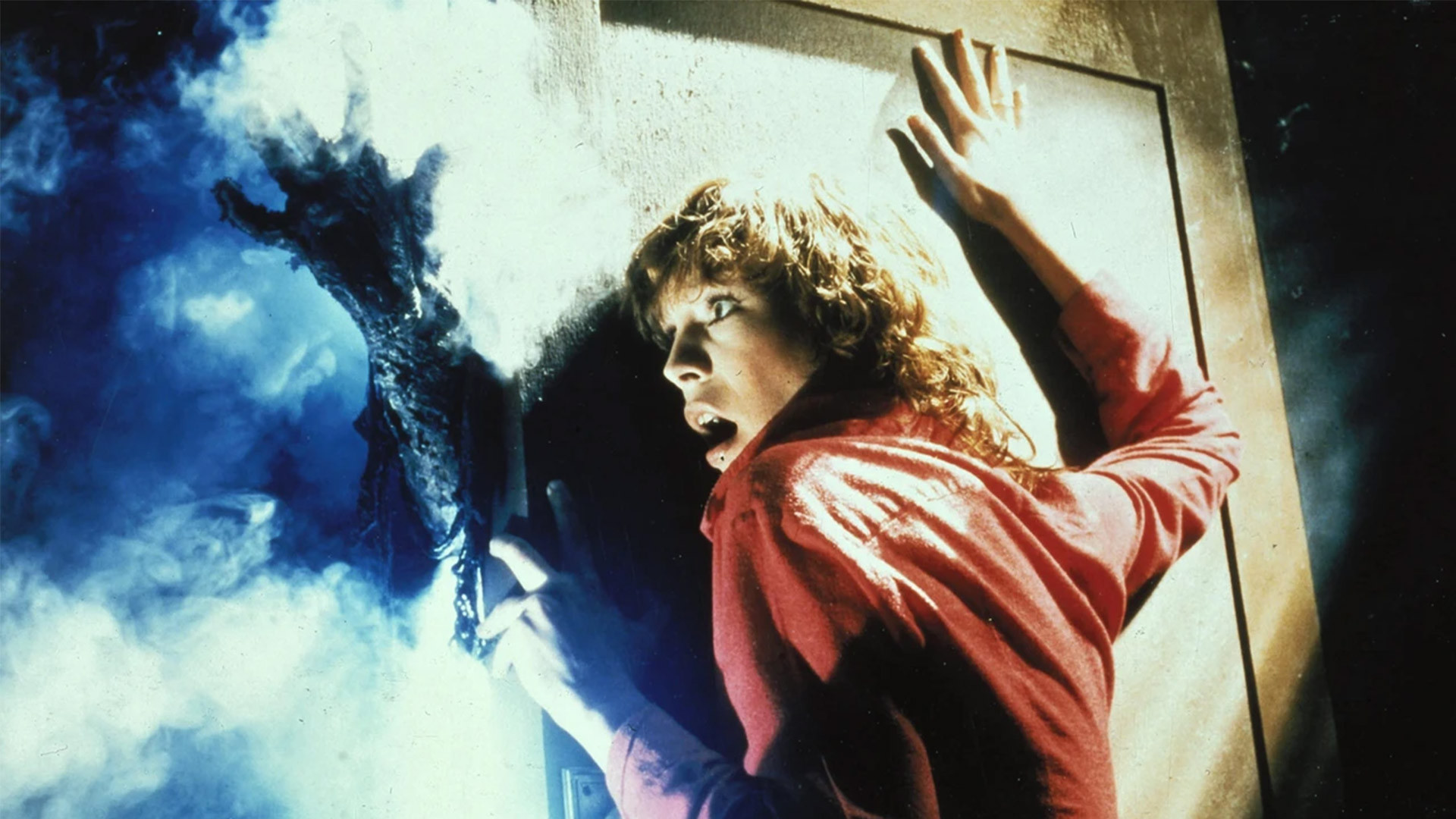 Jamie Lee Curtis leans against a door trying to keep an ominous hand from getting inside in The Fog (1980)