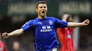 Tomasz Radzinski of Everton celebrates after scoring the winning goal during the Premiership match between Everton and Charlton Athletic on 9 November 2022 at Goodison Park in Liverpool United Kingdom.