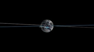 a blue line crosses a white line across a black space. Earth hangs at the lines' interesect.