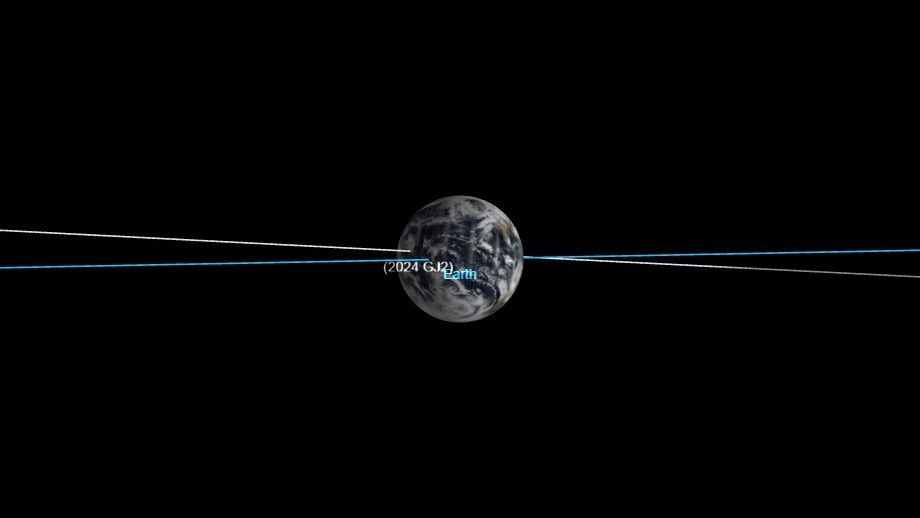 a blue line crosses a white line across a black space. Earth hangs at the lines&#039; interesect.