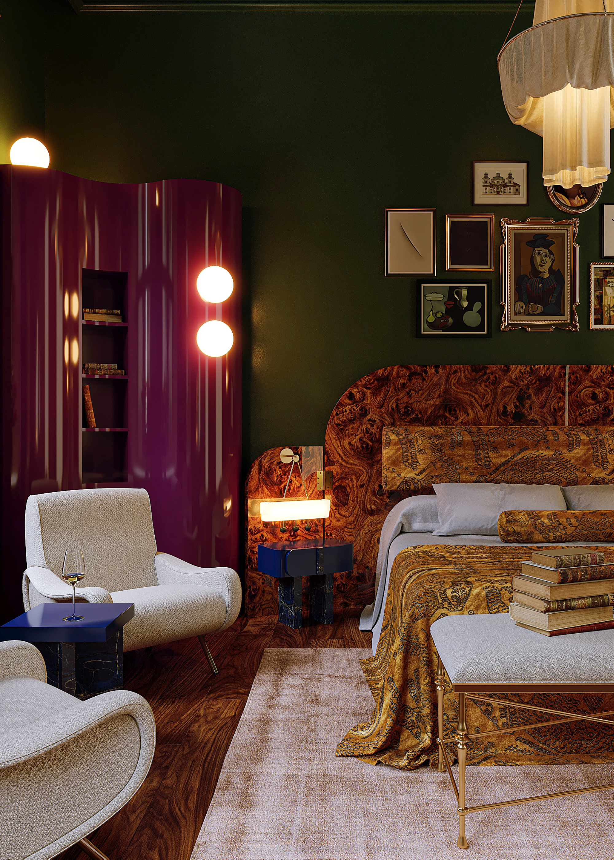 A deep green bedroom with a wood headboard, a gallery wall with gold frames, a shiny purple accent wall with wall sconces and a pair of white sofa chairs