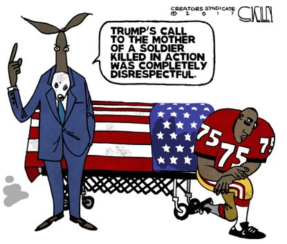 Political cartoon U.S. Trump fallen soldier NFL kneeling Democrats