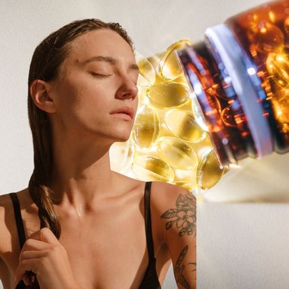 a woman with clear glowing skin with eyes closed overlaid on a bottle of gold pills spilled on a white surface