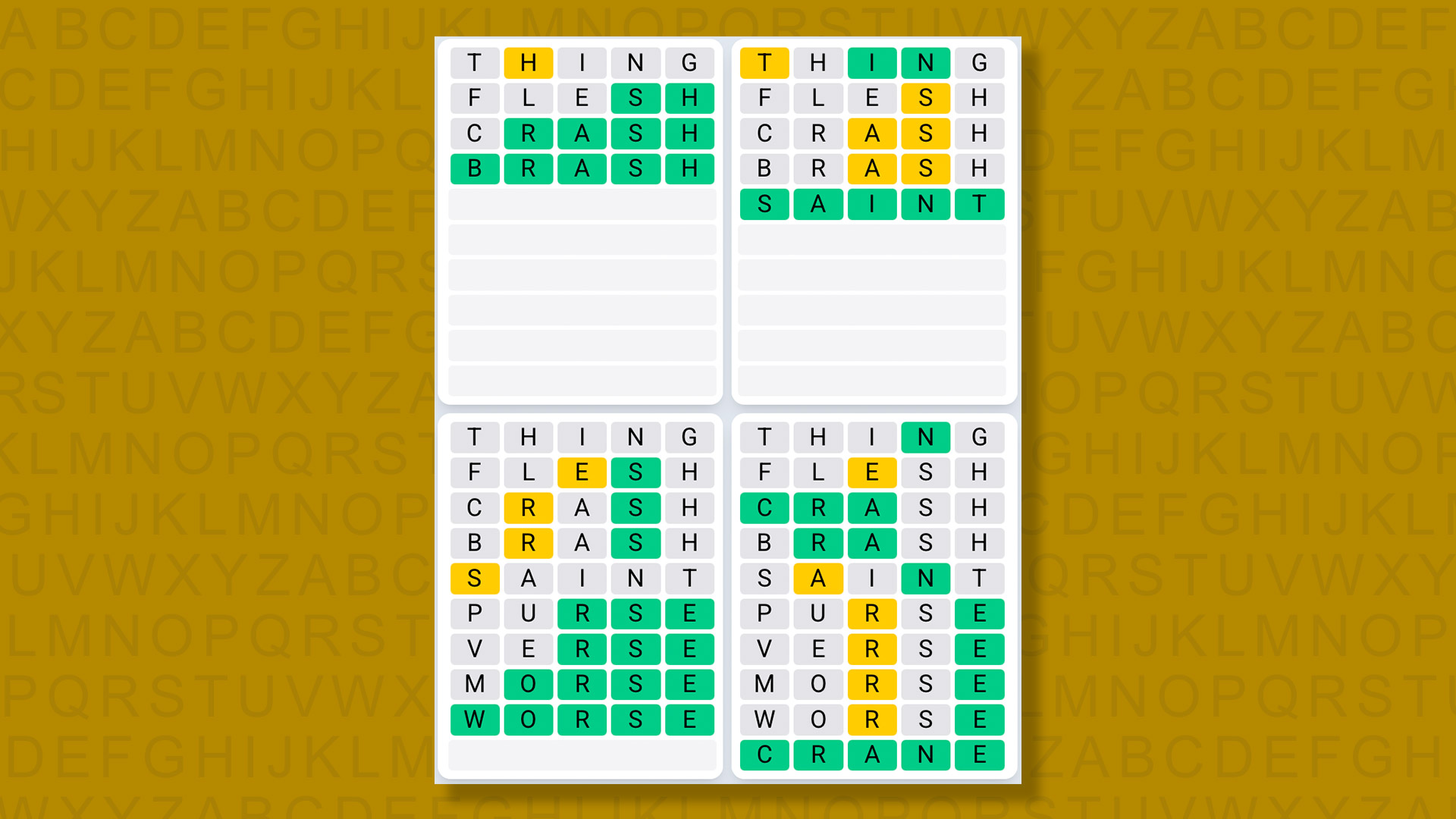 Quordle Daily Sequence answers for game 1426 on a yellow background